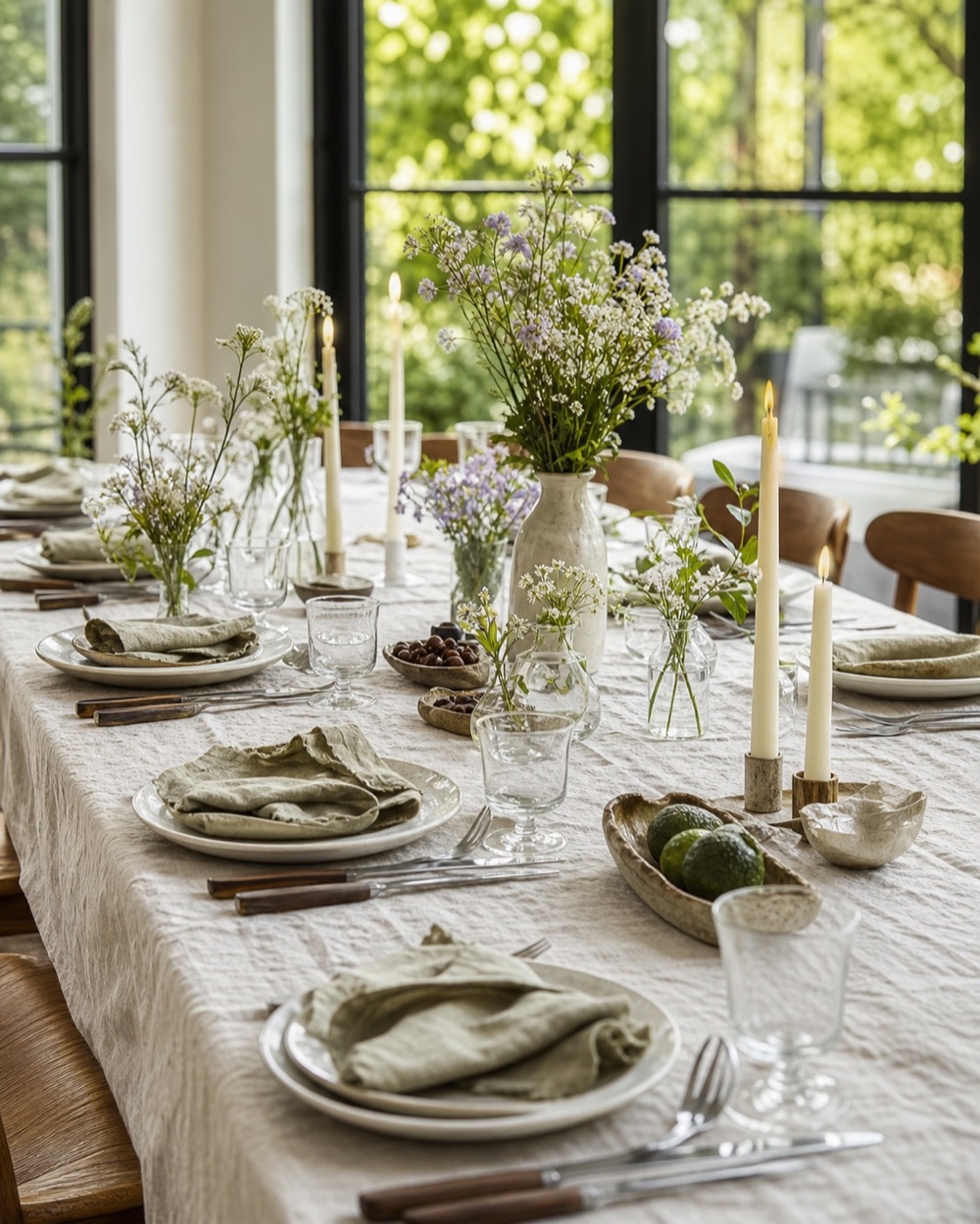 Tafelstyling met linnen, kaarsen en bloemen