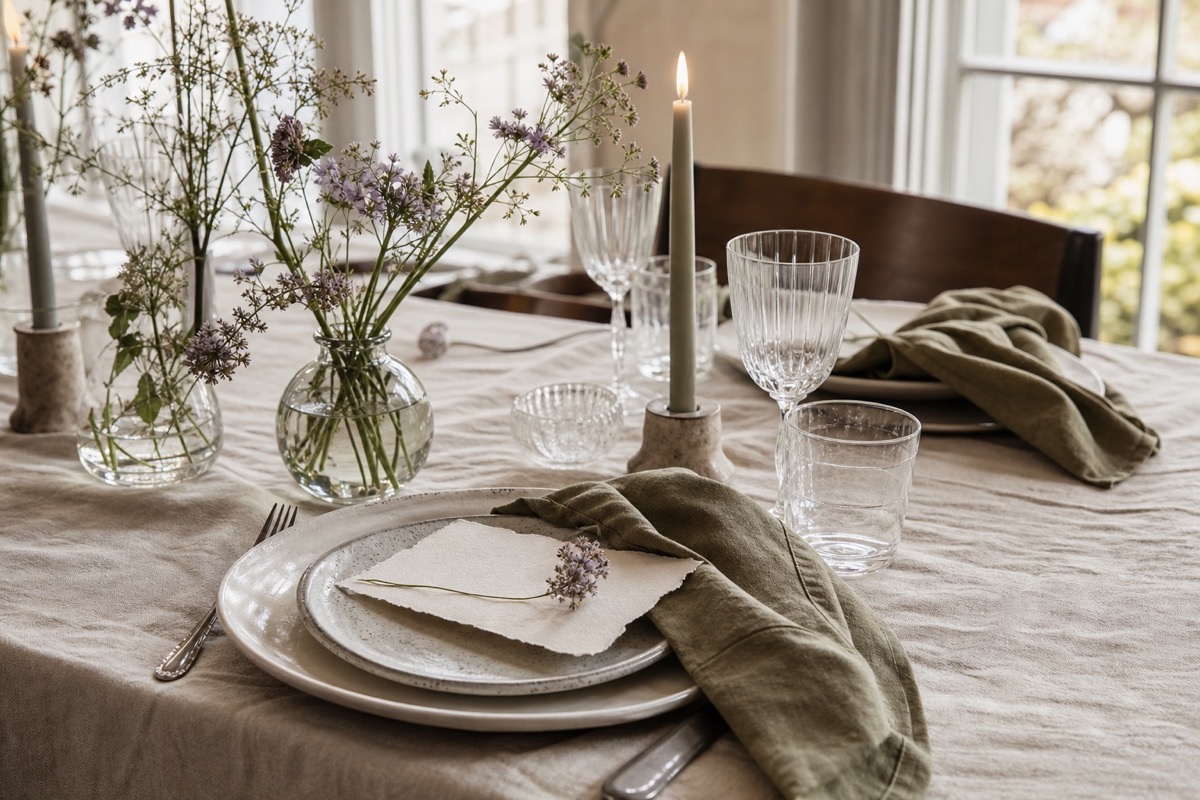 Tafelstyling met linnen, kaarsen en veldbloemen