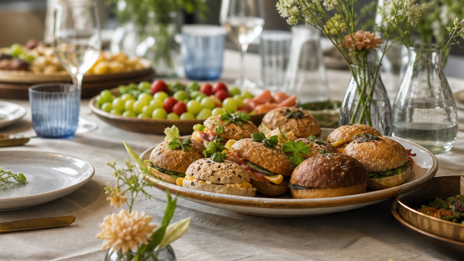 Zakelijke lunch catering met broodjes en salades op tafel