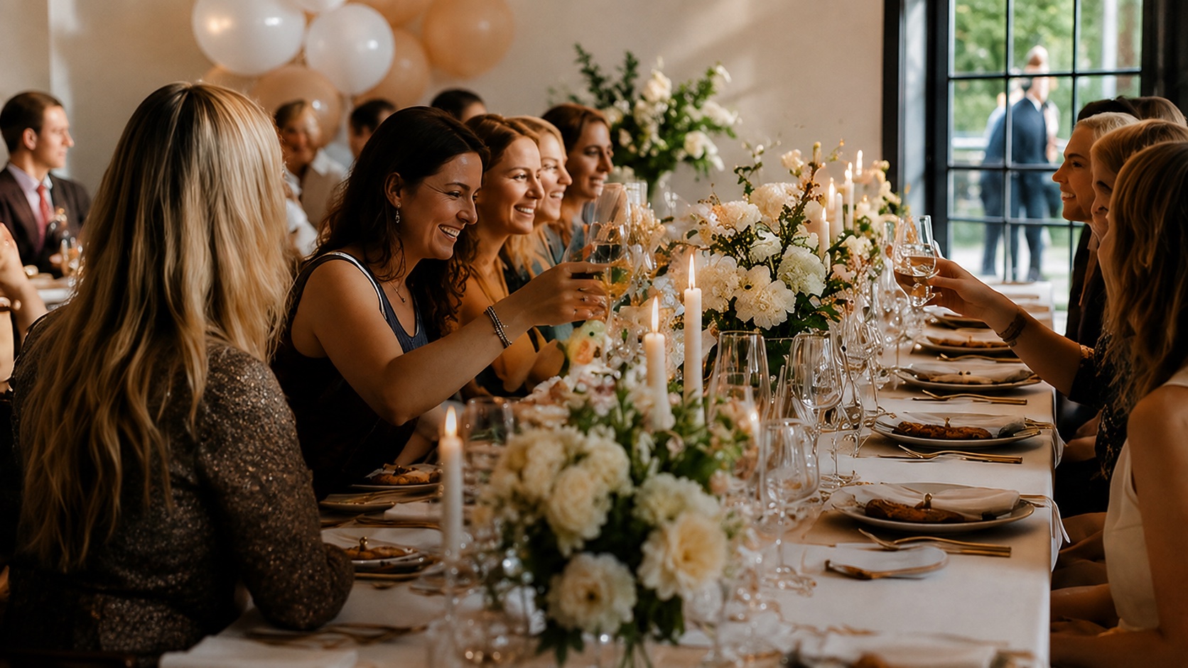 Gasten die samen proosten tijdens een feestelijk diner