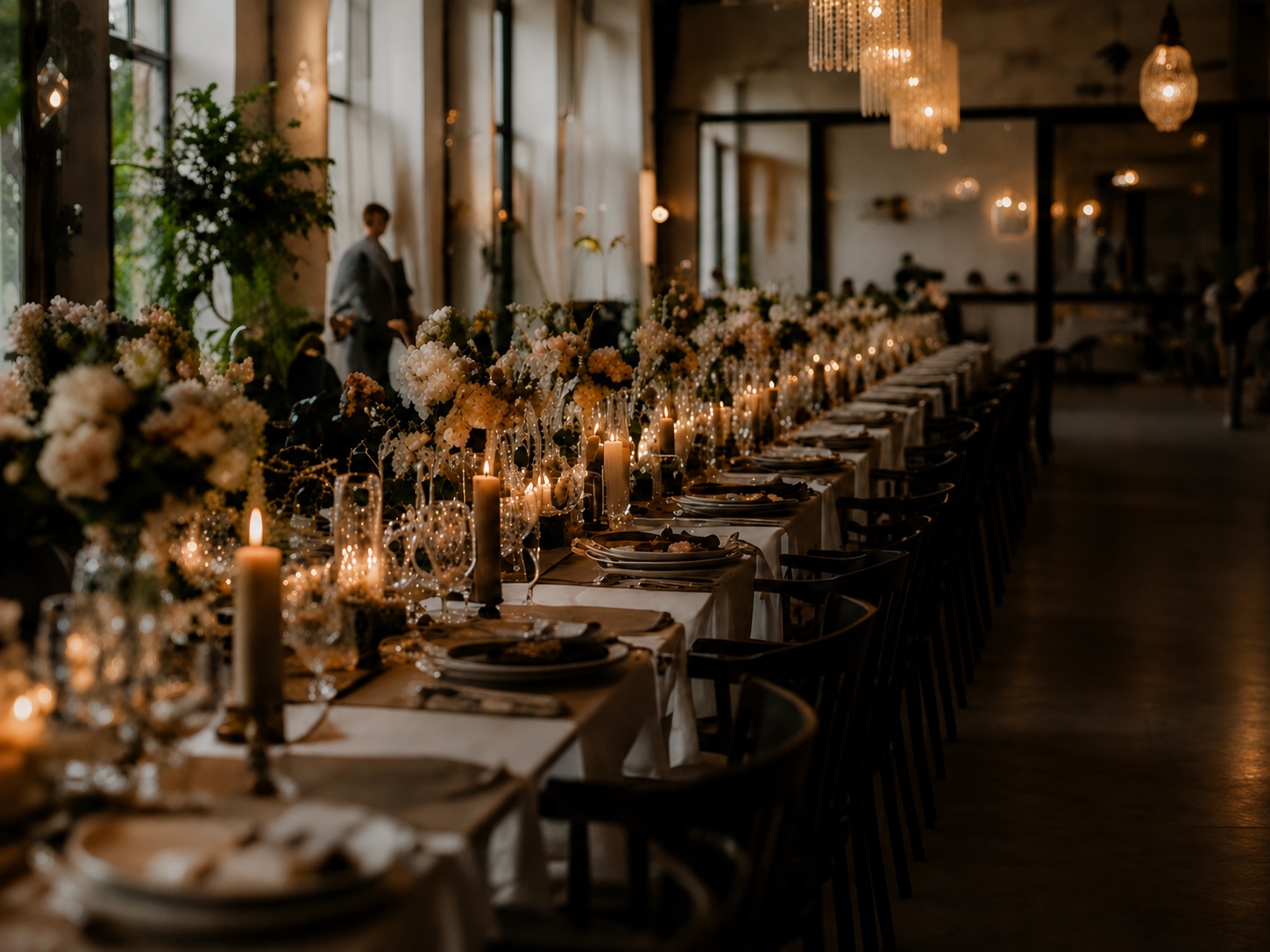 Lange gedekte dinertafel met bloemen en kaarslicht