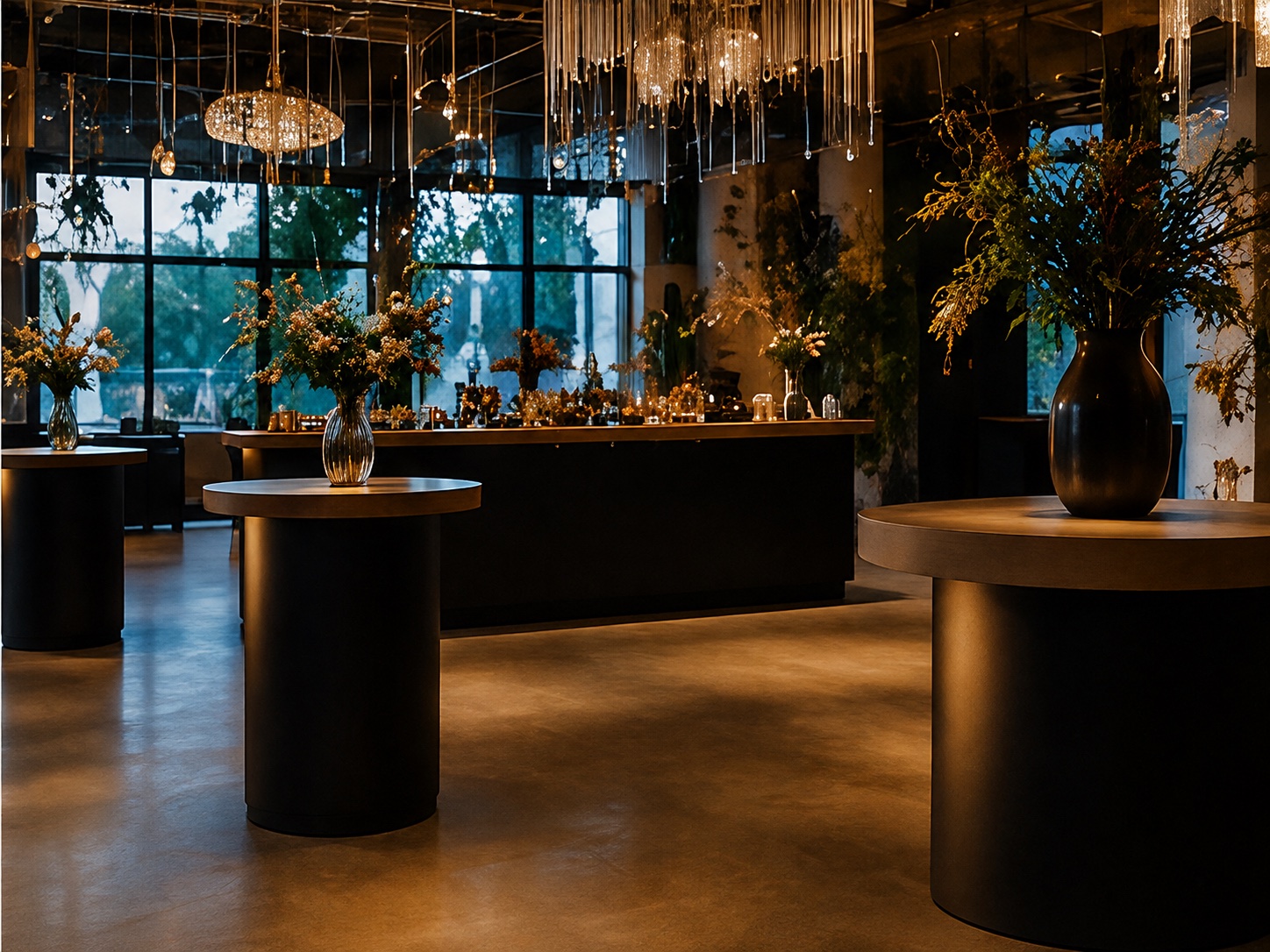 Sfeervol ingerichte evenementenlocatie met hoge tafels en bloemstukken