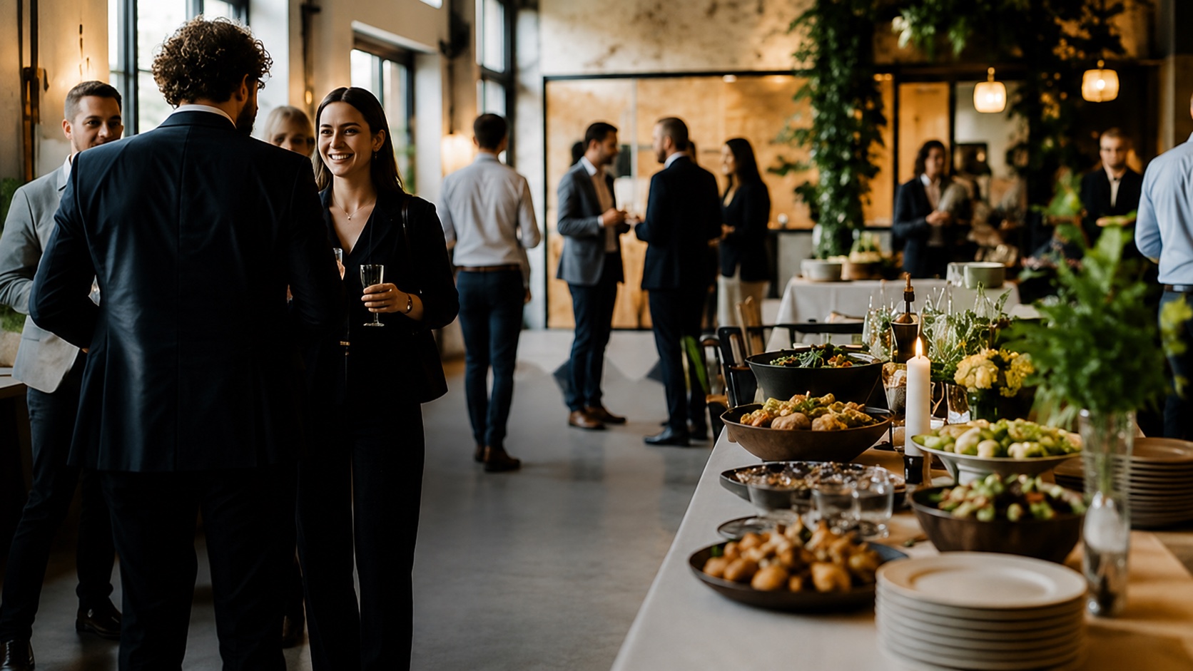 Zakelijke netwerkborrel met buffet en gasten