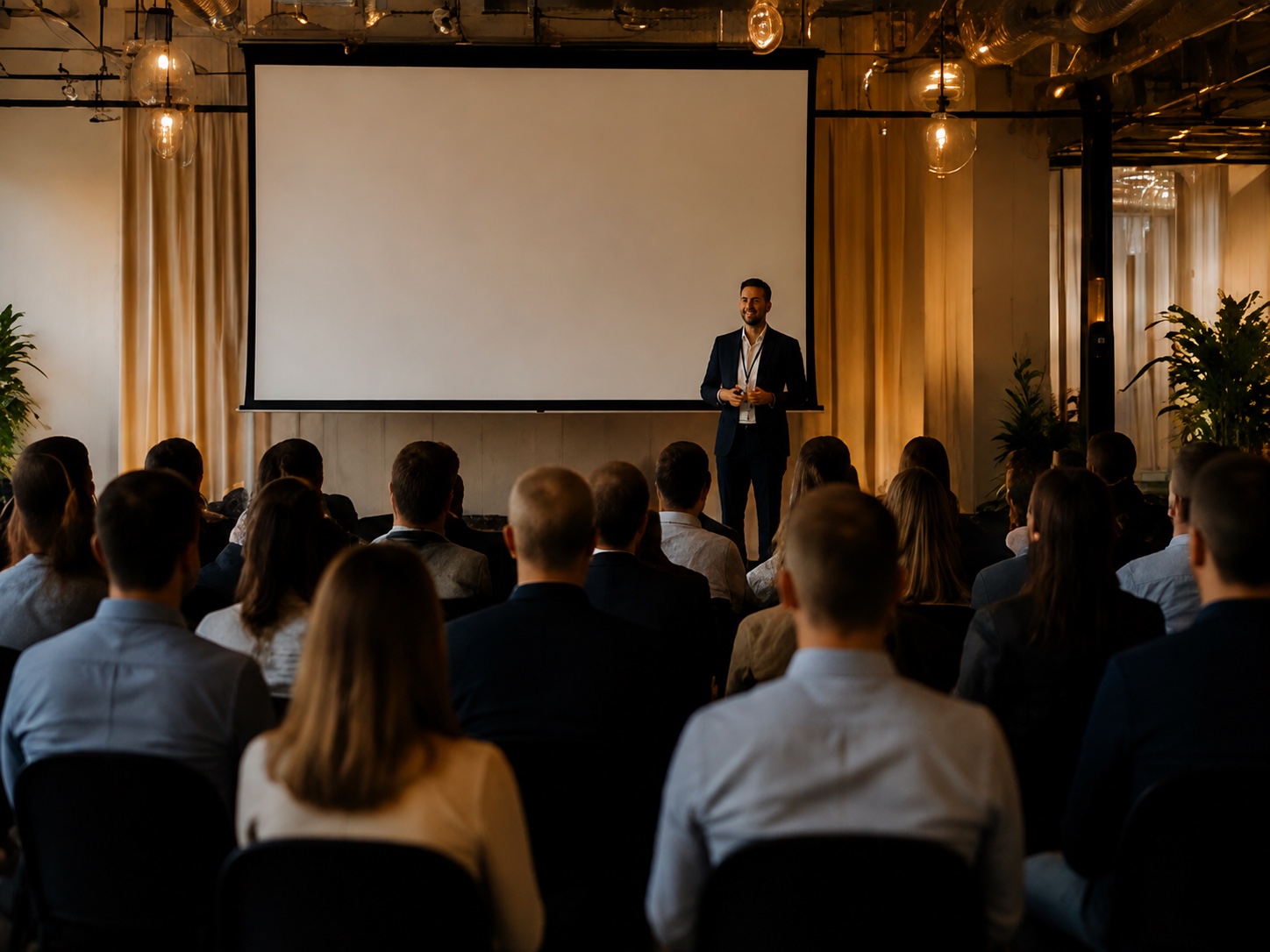 Spreker tijdens een zakelijke presentatie voor een volle zaal